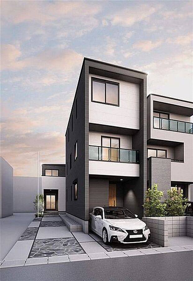 【完成予想図】落ち着きのある色合いでモダンな雰囲気の外観が魅力的。シンプルで飽きのこないデザインで街並みに調和します。一日の疲れを癒すバスルームは1坪タイプでゆったりとした広さです。