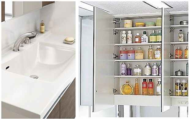 【タカラスタンダード 洗面化粧台】水栓を引き出して使える、お掃除に便利な洗面化粧台。洗面台下には収納を備えています。