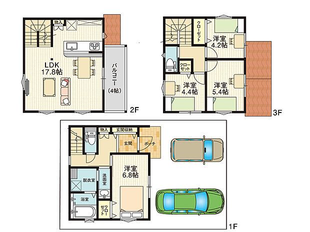 参考プラン/4LDK・延床100.05m2。1階に洋室と水回り、2階に17.8帖のLDK、3階に3室を配置。ご家族の暮らし方に合わせて間取り変更もご相談いただけます。