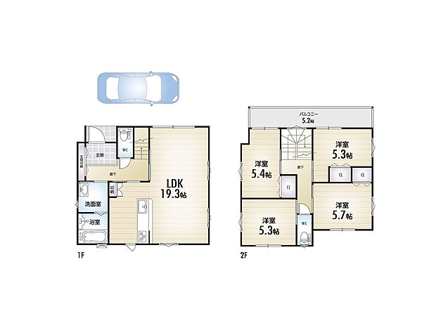 【B号地参考プラン】プラン建物面積：100.49m2　プラン建物価格：2197万円