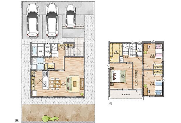 【No.7】間取り図/広々18.8帖のLDKで家族だんらんの時間を過ごせます。キッチン~洗面室~浴室が一直線に繋がる家事ラク動線♪バルコニーは廊下から出られる使い勝手の良い設計。動線も短縮でき
