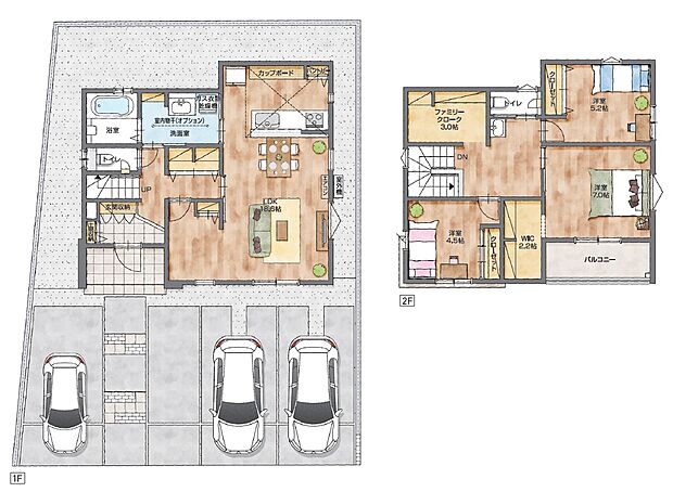 ・キッチン⇔洗面⇔ホール収納⇔リビングの回遊動線で家事ラクが叶います。
・家族が集うLDKには3箇所からアクセスができます。