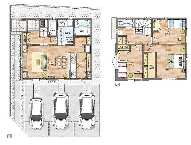 【３LDK】・洗面室はリビングとホールの2か所から出入り可能！帰宅後手を洗ってからリビングへ入る動線です。
・リビング収納には散らかりがちな小物類や掃除道具を収納できます。
・駐車場は3台駐車してもゆとりがあります。