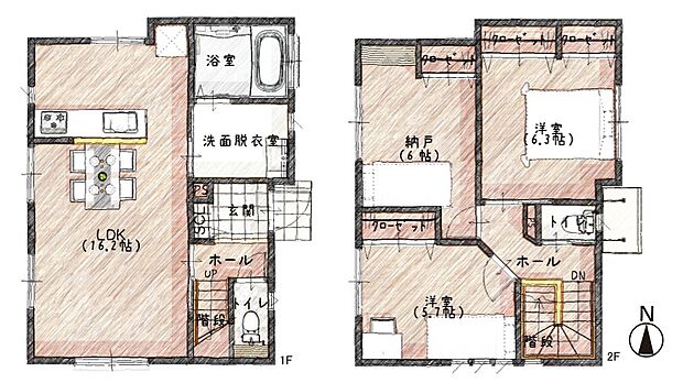 【2SLDK】豊富な収納スペースを備えた2SLDKの間取プラン。