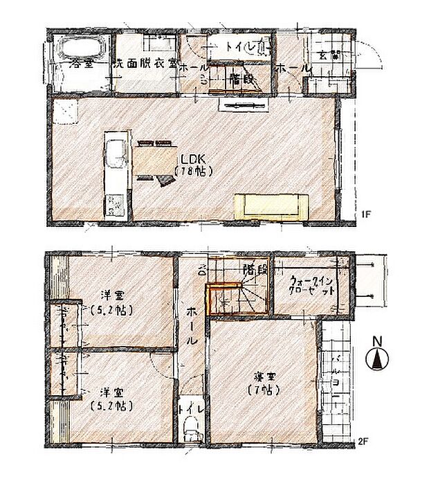 【3LDK】1階に水回りを配し、家事ラク動線です♪対面式キッチンでリビングの様子が見やすく、小さなお子さまがいても安心です。