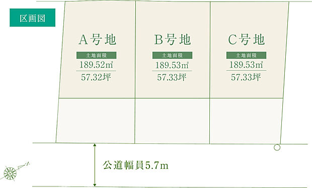 アコーディア大野城若草<全3区画>区画図
A号地:土地面積/ 189.52m2(57.32坪)
B号地:土地面積/ 189.53m2(57.33坪)
C号地:土地面積/ 189.53m(57.33坪)