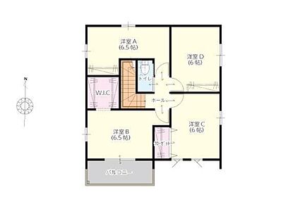 【収納充実の2階4部屋】 
2階には6帖以上の個室を4部屋確保。主寝室6.5帖には大容量のW.I.Cを完備しており、季節家電や衣類もたっぷり収納。子供部屋や書斎など、家族の成長に合わせて使い分けられます。 