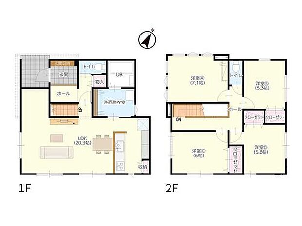 【4LDK】【20.3帖 LDK・間取り】広々20.3帖のLDKは家族が集まる憩いの空間。全室5.3帖以上の4部屋を2階に配置し、子ども部屋もしっかり確保できるゆとりの4LDKです。