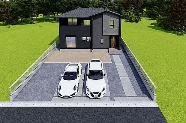 【完成予想図(外観)(4号地)】建物前の広々としたスペースが開放感を演出。ゆったりとした敷地計画で、のびのびとした暮らしを楽しめます。