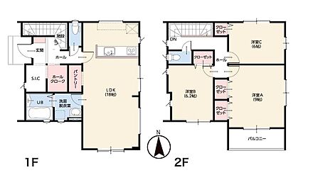 2798万円、3LDK+S（納戸）、土地面積209.13m2、建物面積102.47m2 【家事ラクな3LDK】18帖LDKに4帖のフリースペースが隣接。2階はバルコニー直結のファミリークローク兼サンルームで、洗濯物の「干す・しまう」が最短で完結する動線です。 