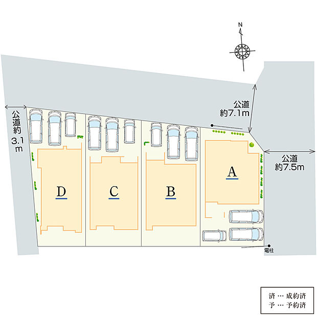 【全体区画図】
角地を含む全4棟のご案内です♪名鉄尾西線「開明」駅まで徒歩約8分で、毎日の通勤通学や休日のお出かけにも便利！買い物施設や病院などの生活施設が近く、暮らしやすい住環境です。