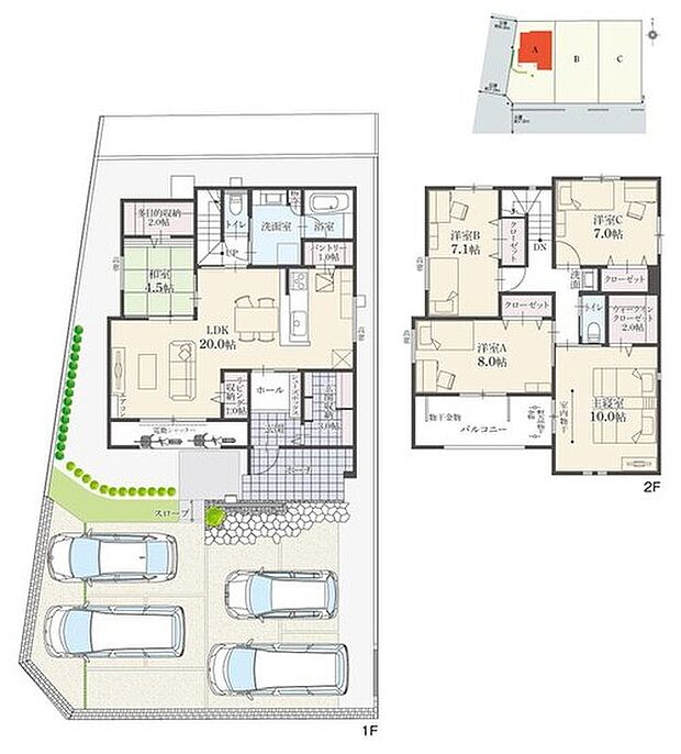 【5LDK】5LDK+多目的収納+ウォークインクローゼット+玄関収納+リビング収納+パントリー
駐車4台可
※延床面積にバルコニー面積の一部(3.57m2)および屋外面積の一部(2.15m2)含む
対面式キッチンやリビングスルー階段で、コミュニケーションを育みやすい間取りです。