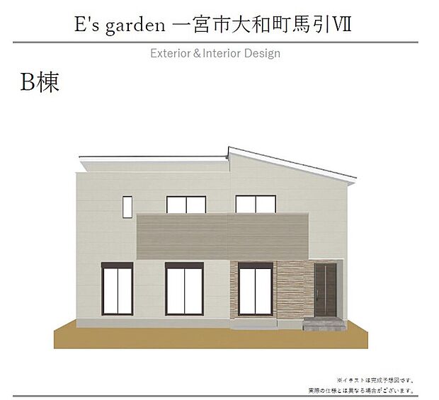 【【B棟 外観パース】】土地面積67坪以上、駐車並列4台確保!「5LDK」の住まいに適材適所な収納を配置した快適な住まい!こだわりのコントラストが織りなす目を引く外観デザインです。