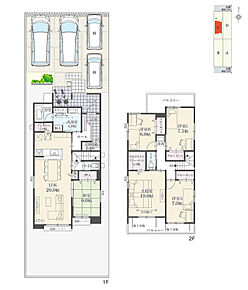 5LDK+ウォークインクローゼット+玄関収納+パントリー+ランドリースペース
駐車4台分
※建物面積にポーチ面積の一部(2.37m2)含む

北側・南側にバルコニーを設置。採光・通風良好な住空間です。 