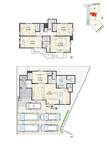 5LDK+Wウォークインクローゼット+玄関収納+パントリー+ランドリースペース
駐車5台分
※建物面積に駐輪スペース(2.56m2)含む

全居室6帖以上・洋室タイプの間取り。洗面室は2WAY動線です。 