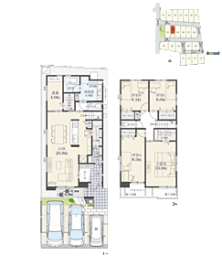 4LDK+多目的収納+ウォークインクローゼット+書斎+玄関収納+パントリー+ランドリースペース
駐車3台可

リビング階段採用。LDKにカウンター付きの書斎が隣接した間取りです。 
