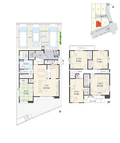 5LDK+Wウォークインクローゼット+玄関収納+パントリー
■駐車スペース：3台(車種による)

全居室2面採光以上、全居室収納付きの住まいです。ウォークインクローゼットが2部屋に設置しています。 