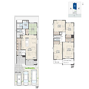 5LDK+ウォークインクローゼット+玄関収納+パントリー
駐車3台分
※延床面積にバルコニー面積の一部(1.65m2)およびテラス面積の一部(2.15m2)含む

回遊性がある間取り。玄関から玄関収納、パントリーを通ってLDKにアクセスできます。全居室6帖以上のゆとりある住空間です。 