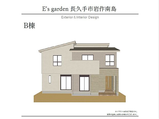【【B棟　外観パース】】スタイリッシュでありながら温かみを感じる外観です。玄関ポーチにゆとりがあり、自転車やベビーカーも置けます。