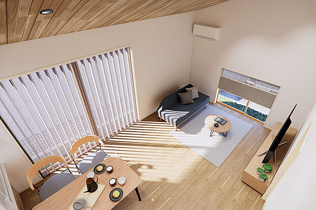 広々としたリビングには「陽だまりスペース」にも。キッチンから目が届くのでお子様を見ながらの家事も安心です。／2号地完成予想パース