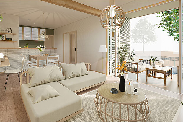 家族の集うリビングだから、陽あたり風通しはイイ方が良い。
ゆとりのあるLDKが爽やかな光に包まれます。/1号地建物プラン例