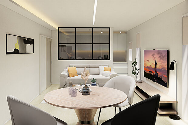 格子窓がアクセントに。白を基調にまとめた内装は、清潔感と明るさが魅力。家族の時間が心地よく流れる空間です。/5号地建物プラン例