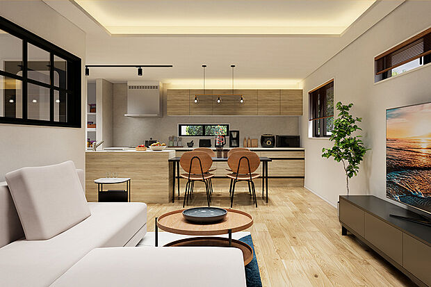 【リビング|間接照明で暖かな空間に♪】折上げ天井と天井を照らすコーブ照明が広がりのある空間を演出してくれます◎強い眩しさなどを感じにくく、空間全体を明るくしてくれるのがうれしい♪/1号地完成予想パース