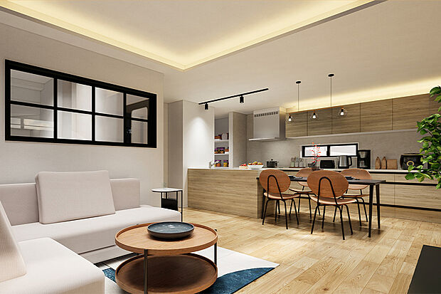 【リビング|格子窓がリビングに開放感を】2階ホールとつながる格子窓で、ご家族と自然に顔を合わせられる安心感とデザイン性を両立/1号地完成予想パース