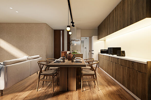 【キッチンと洗面室が隣り合わせの家事ラク間取り】キッチン隣に洗面室がある、家事動線を意識した水廻り回遊プラン。
お料理をしながらお風呂掃除や洗濯機をまわしたり...時短の「ながら家事」が叶います／1号地完成予想パース