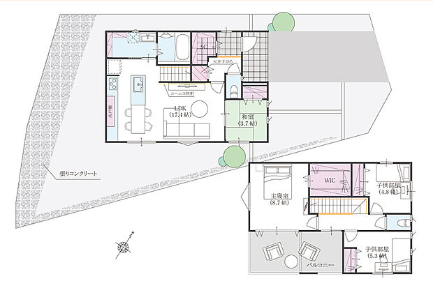 【1号地セットプラン】キッチン横のダイニングだから、配膳や片付けもスムーズ。家事効率が上がり、毎日の暮らしがもっと楽しくなります。
ゆったりとしたバルコニーは、家族団らんのひとときを楽しむ場としても活躍します。