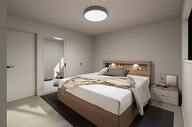 【2F居室｜各部屋収納付きですっきりしたスペースに。】主寝室から和室、ウォークインクローゼット、インナーテラスへとつながる家事ラク動線。身支度や洗濯、くつろぎまでがスムーズに行え、毎日の暮らしを快適にサポートします。／1号地建物参考プランイメージパース