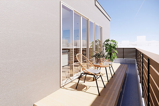 【中庭│いつもとちょっと違う非日常空間を♪】ウッドデッキに繋がる南向きの大きな窓は、屋内と屋外を緩やかにつなげ、広々とした空間に◎ご両親やご友人とゆったりとした時間を♪/4号地建物プラン例
