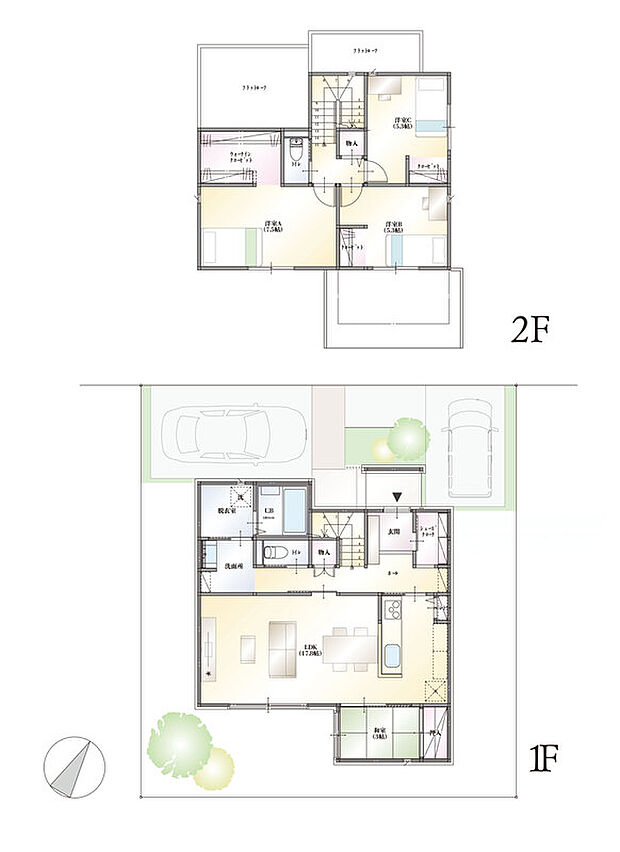 【参考プラン(4号地)】建物本体価格(税抜き):2490万円 延床面積:107.64m2(32.55坪)1階:62.10m2 2階:45.54m2