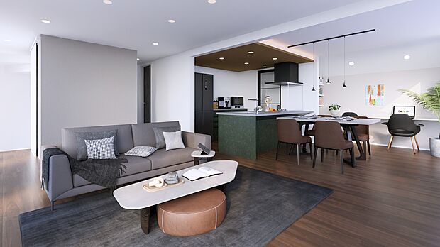 【LDKパース】家族の笑顔が自然に集まる、広々LDK。開放感あふれる空間で、料理も団らんも思いのまま。収納や動線も工夫され、毎日をもっと快適に、豊かに過ごせます。