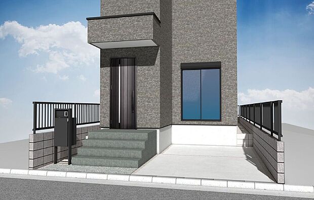 【外構パース】整えられた外構は、美しい景観と使いやすさの両方をしっかりと兼ね備えており、住まい全体の印象をより上品で洗練されたものにしてくれます。日々の生活動線も考えられていて快適に過ごせます。