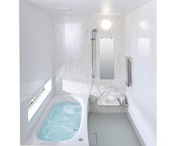 【パナソニックバスルーム「オフローラ」】上質な人工大理石を使用した美しい浴槽。床は隅の目地を無くしたお手入れラクラク仕様です。