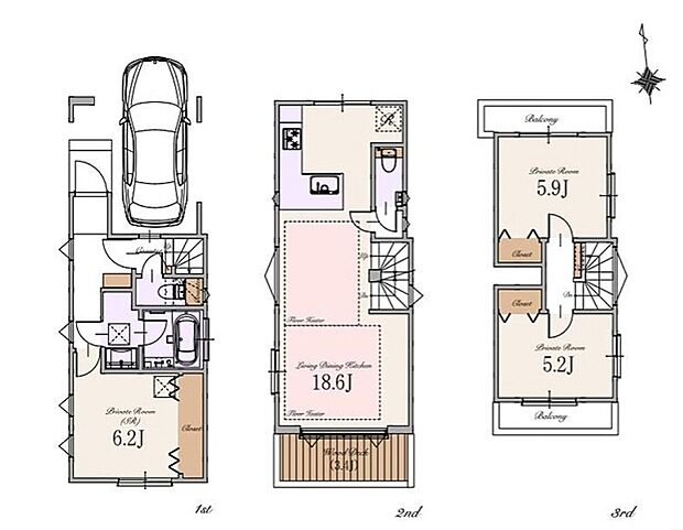 【3LDK】3階は南北両面バルコニー。
風通しの良い開放的な住空間です。