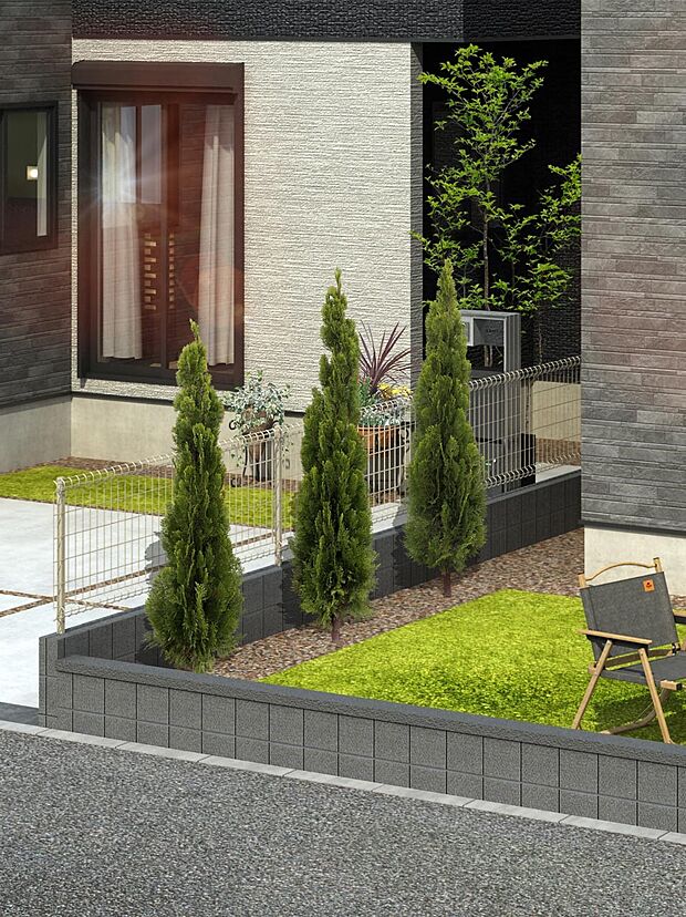 【植栽計画】デザイン性の高いエクステリアと癒やしを感じさせる緑豊かな植栽を標準仕様としています。（街並完成予想図）