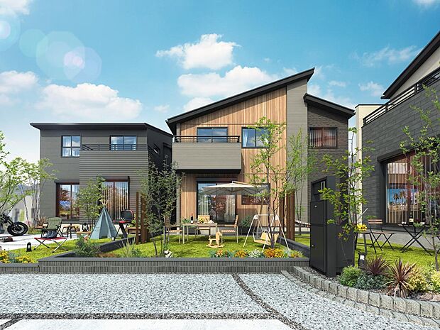 庭を一箇所に集約し、陽光と開放感をシェアする設計。住まう人同士が心地よくつながる、新発想の分譲地。(街並完成予想図)