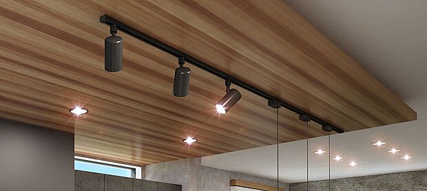 【完成予想図(内観)】【折下天井】キッチンには上質感漂う木調の折下天井を採用。高低差のある天井により、ゾーン毎の空間の表情を豊かに表現。空間デザインを引き立てるこだわりのプランニングです。（3号地内観完成予想図）
