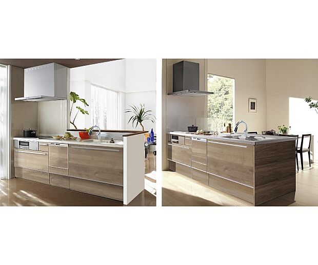 【【クリナップ】システムキッチン】家族でのコミュニケーションがとれる対面型システムキッチン。横一列にシンクとコンロをまとめたシンプルな形です。動きやすさとスタイリッシュなデザインが魅力。※号地により異なります。