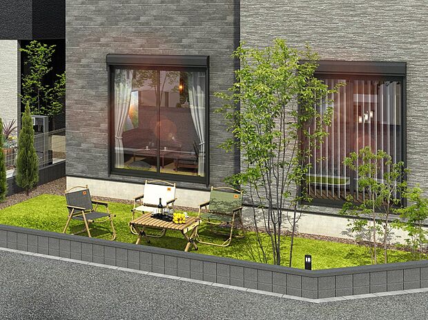 【街並完成予想図】【ガーデンスペース（1号棟）】優雅な時間を楽しむアウトドアリビングとして使用したり、カフェテラスや家庭菜園にも。暮らしの楽しみが広がります。（街並完成予想図）