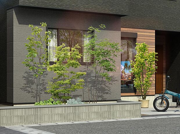 【街並完成予想図】柔らかな陽光を食卓へ届ける、ダイニングの腰高窓。外構には中低木を配しました。外からの視線を程よく遮り、室内のプライベート性を高めています。（街並完成予想図 ピックアップ）