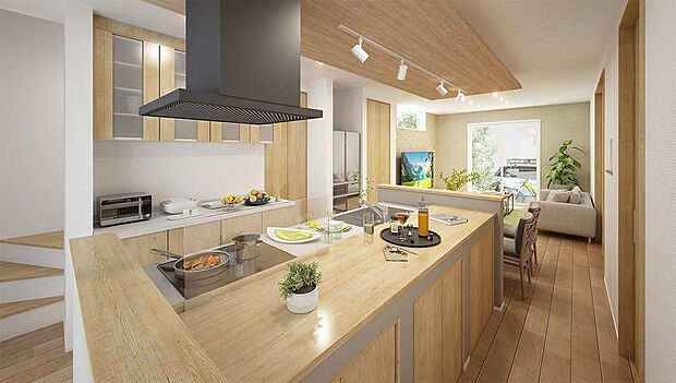 【完成予想図(内観)】木目を基調としたキッチンに折下天井とダクトレール照明を重ね、素材の統一感が心地よい表情をつくる、落ち着いたLDK。（11号棟 内観完成予想図）