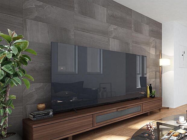 【完成予想図(内観)】【エコカラットプラス】調湿・消臭効果を持つエコカラットプラスをリビングダイニングの一部に採用。快適な空間を保ちながら、彩りと変化を演出します。（15号棟 内観完成予想図）