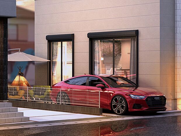 【完成予想図(外観)】【カースペース2～3台】通勤やレジャーなど、ライフスタイルを広げてくれるカースペースを最大3台分確保しました。※2～3台目は軽自動車を想定しています。（街並完成予想図）