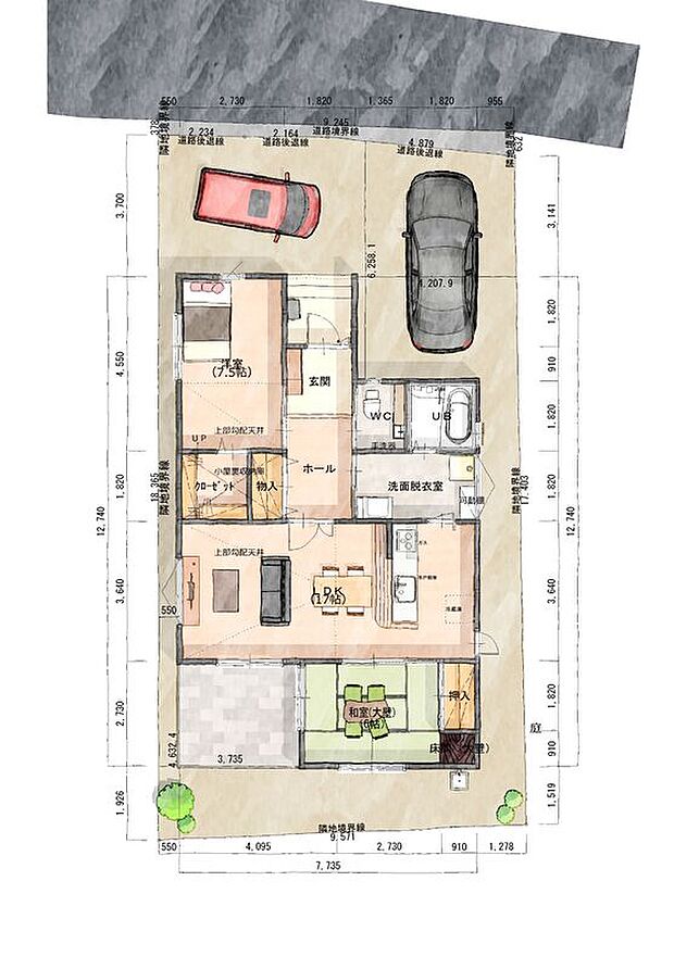 A棟　2LDK（小屋裏収納庫、ウォークインクローゼット、室内物干、トイレ手洗い器、勝手口、2WAY洗面脱衣室、勾配天井）