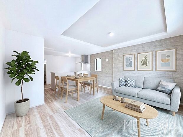 アクセントクロスがお洒落なリビング。家族でのんびりくつろげる広々スペース。　※家具はCGです