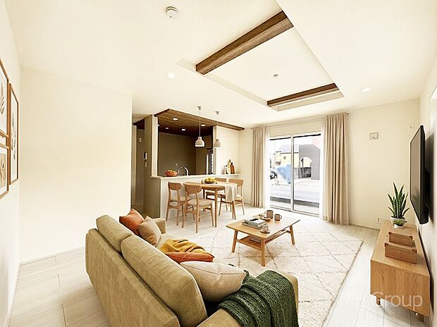 【リビング】お洒落で開放感のある折り上げ天井を採用したリビング　※家具はCGです