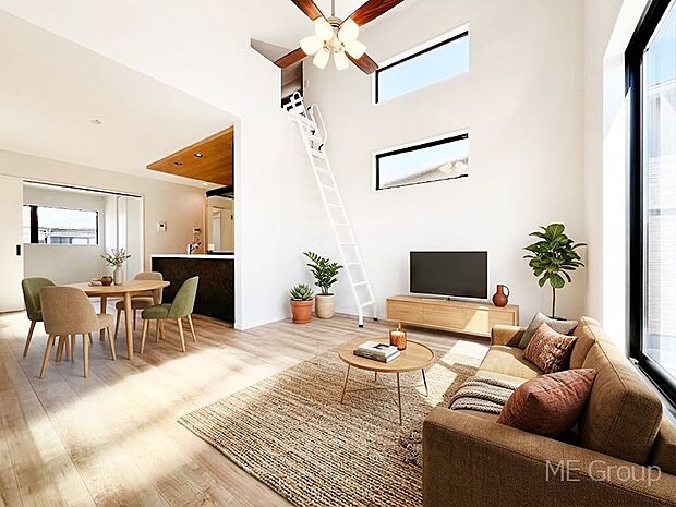 【リビング】プライバシーも守れる2階リビングは明るく開放感たっぷり ※家具はCGです